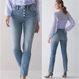 WHBM The Sculpt High Rise Straight Leg Jeans | Rhinestone Button | Size 4